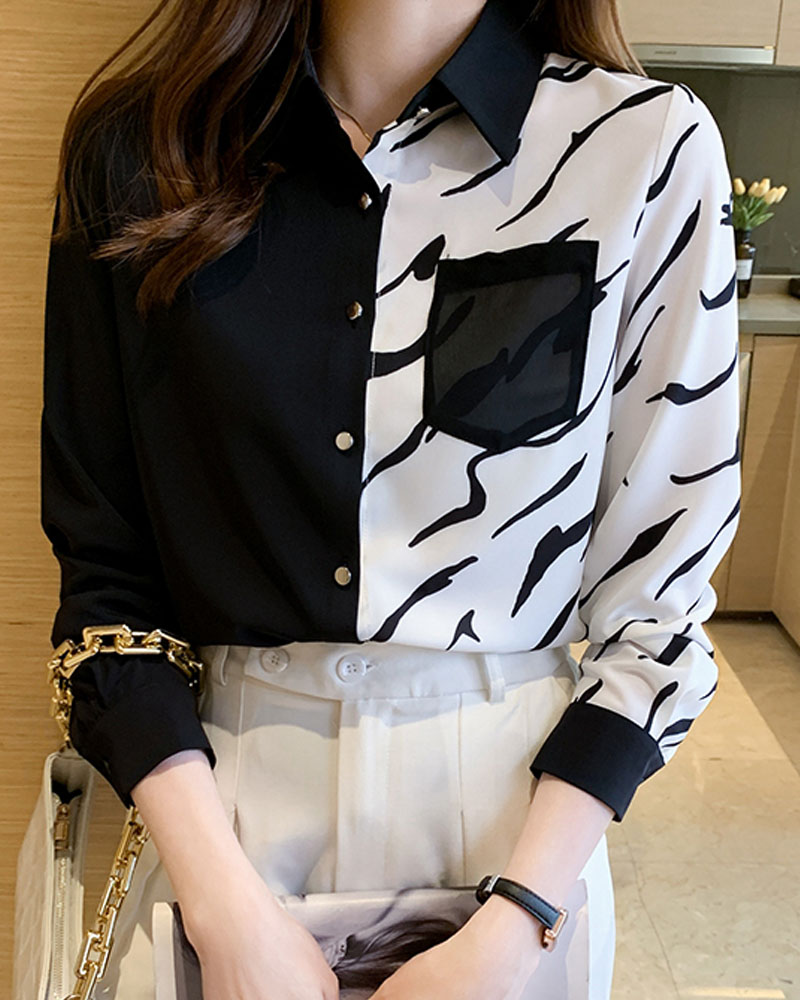 

Colorblock Abstract Print Long Sleeve Button Up Chiffon Shirt, Black&white