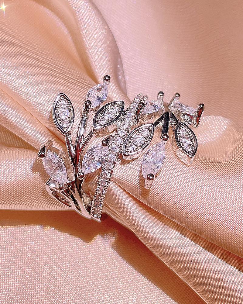 

1pc Leaf Shaped Crystal Rhinestone Ring, Silver