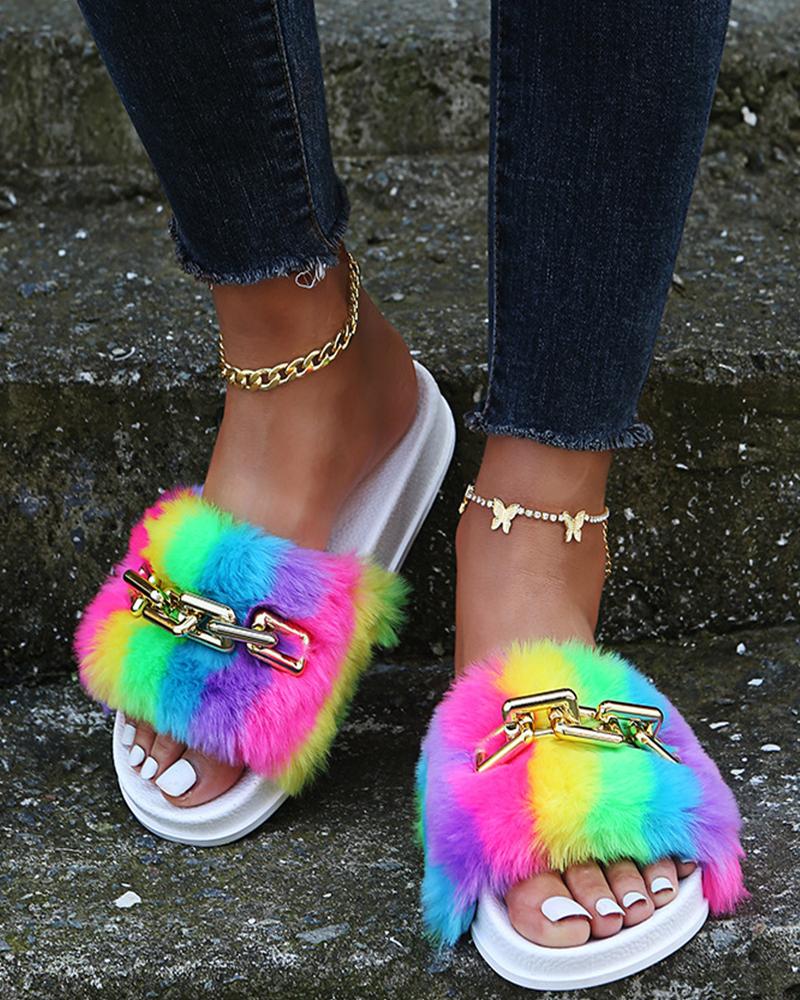

Multicolor Fluffy Upper Patchwork Open-toe Sandals, White