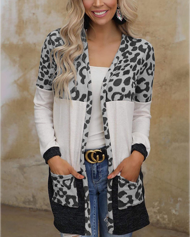

Leopard Print Long Sleeve Open Front Cardigan, Gray