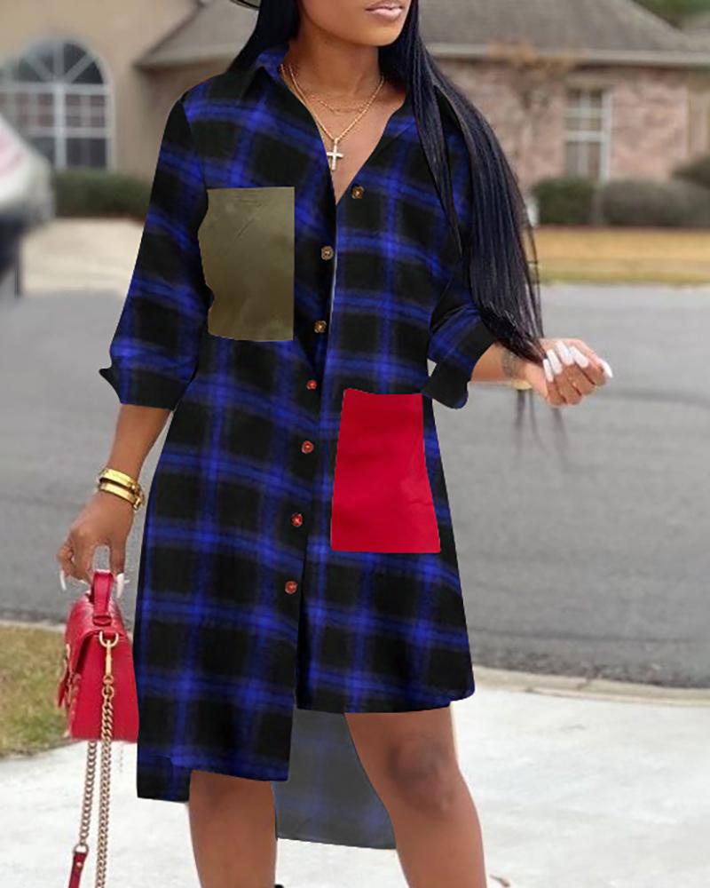 

Grid Irregular Design Shirt Dress, Blue