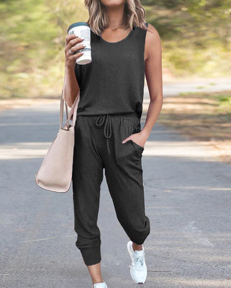 

Casual Tank Top & Drawstring Pants Set, Dark grey