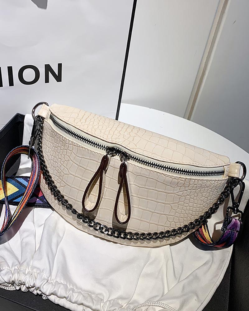 

Crocodile Zipper Design Chain Decor Crossbody Bag, Nude