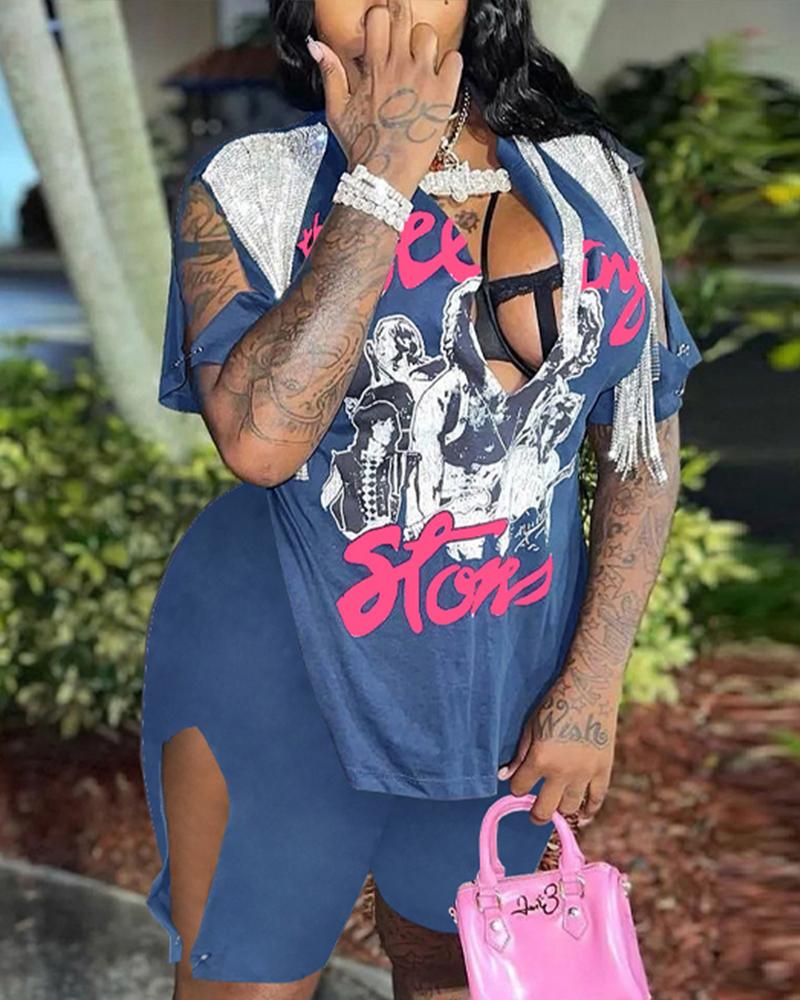 

Letter Graphic Print Split Hem Top & Shorts Set, Dark blue