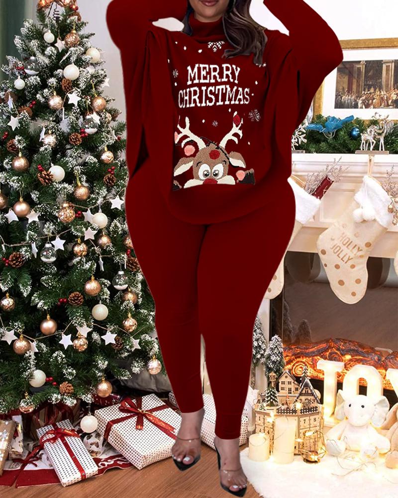 

Plus Size Christmas Elk Print Ribbed Top & Pants Set, Red