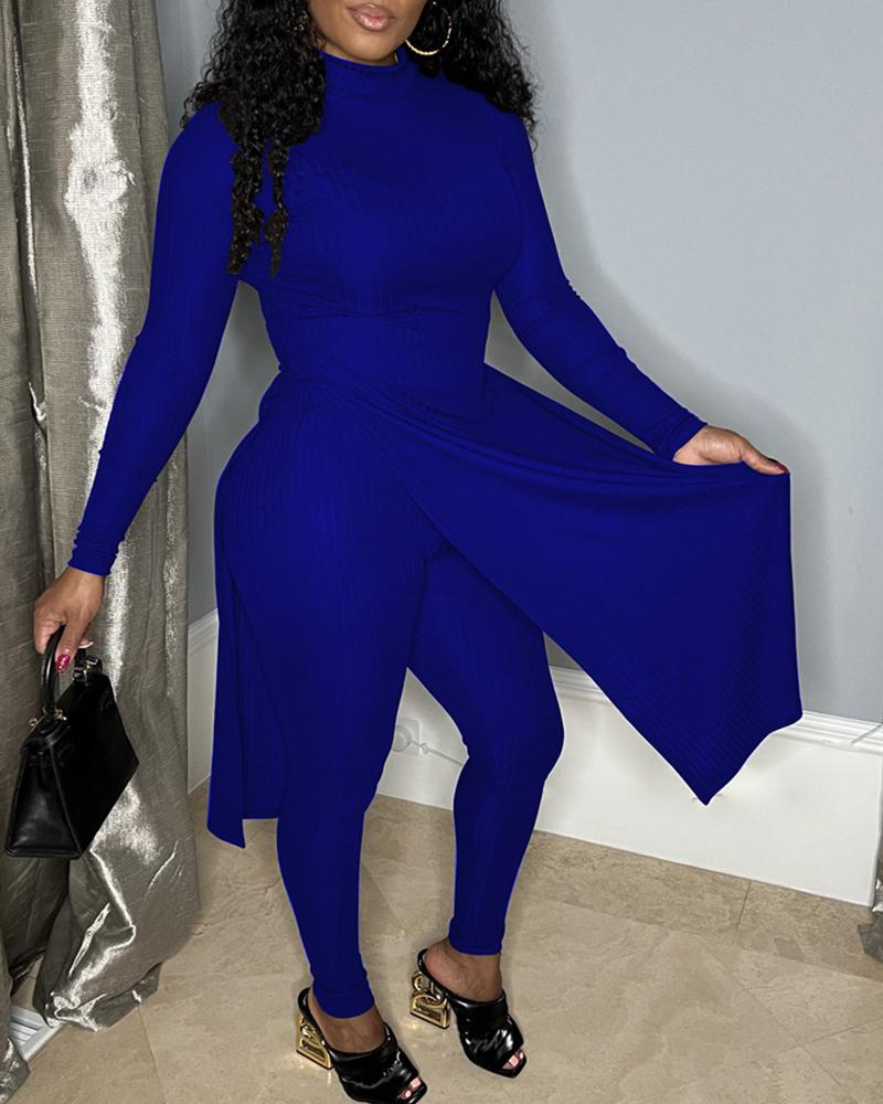

High Neck Ribbed Slit Top & Pants Set, Blue