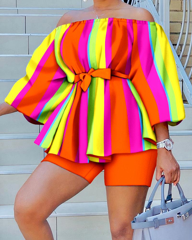 

Colorblock Striped Print Off Shoulder Belted Top & Shorts Set, Orange