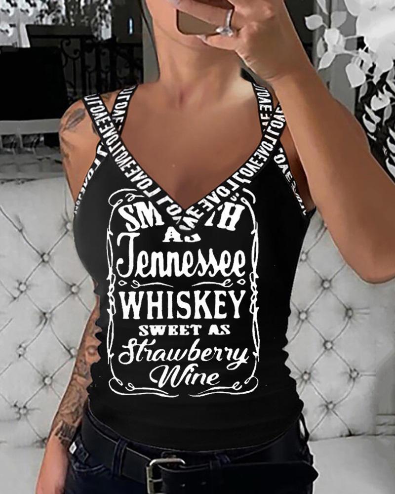 

Letter Print Sleeveless Tank Top, Black