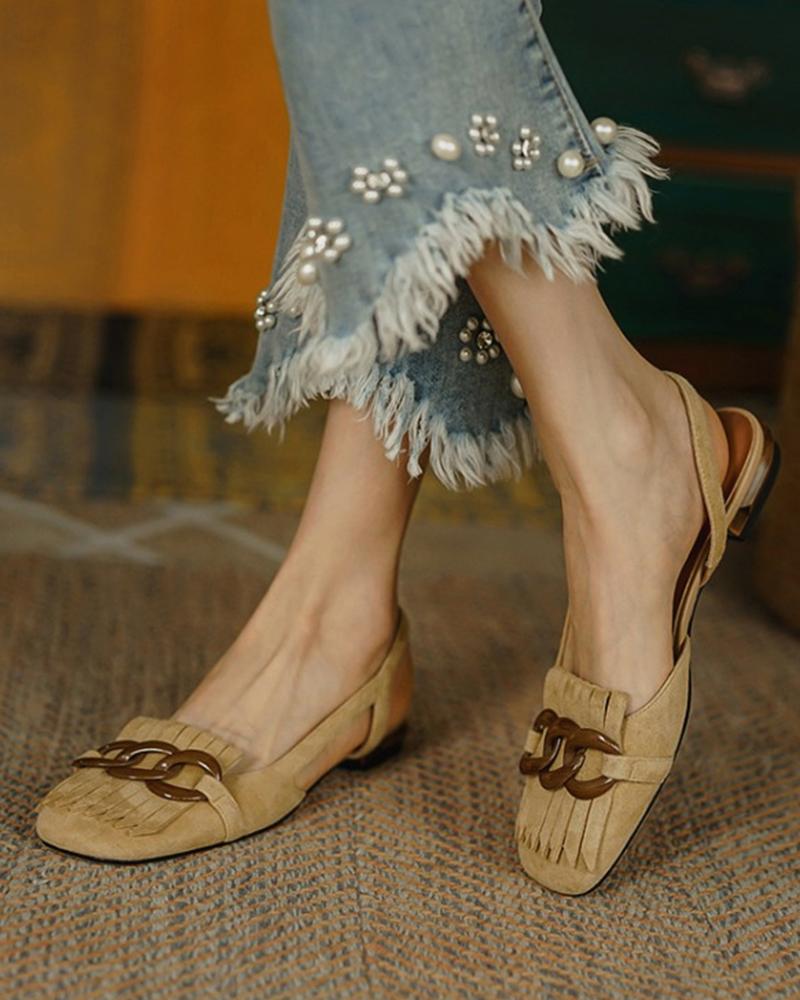 

Square-toe Solid Color Splicing Tassel Chain Suede Leather Flat Shoes, Khaki