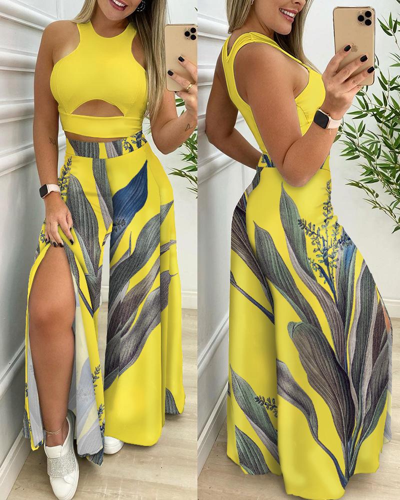 

Solid Cut-out Tank Top & Floral Print Split Wide Leg Pants Set, Yellow