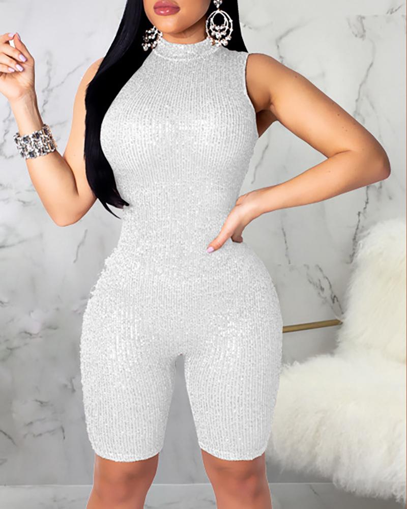 

Sleeveless O Neck Allover Sequins Romper, Silver