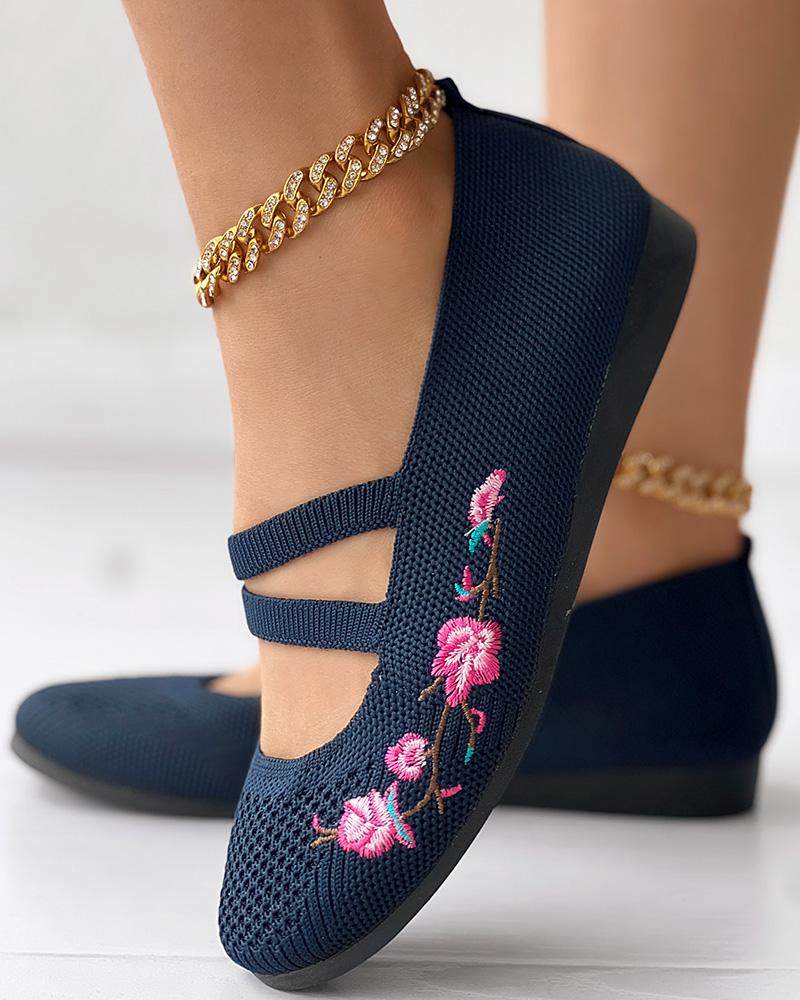 

Floral Embroidery Hollow Out Casual Loafers, Purplish blue