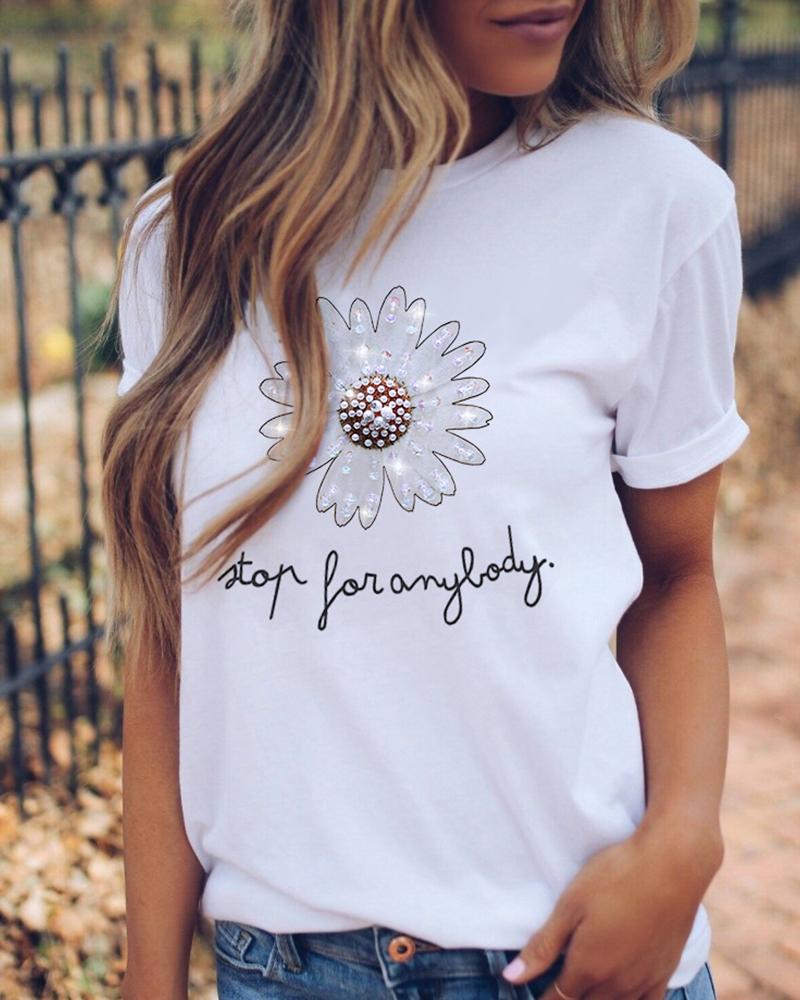 

Floral Pattern Rhinestone Beaded T-shirt, White