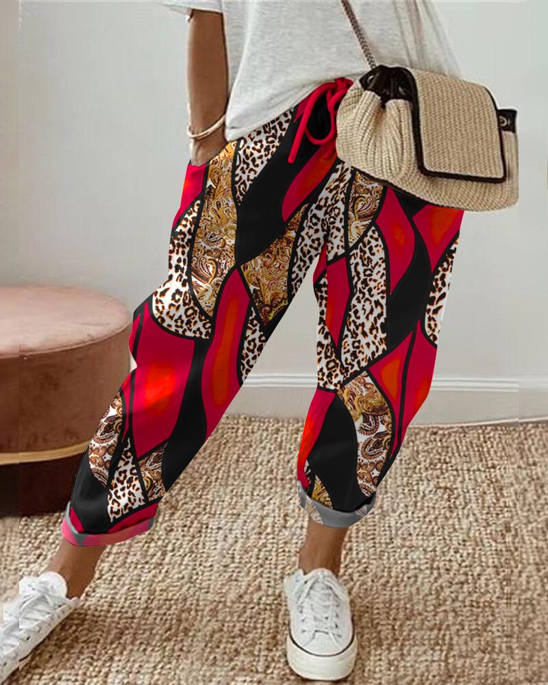 

Baroque Leopard Print Drawstring Cuffed Pants, Red