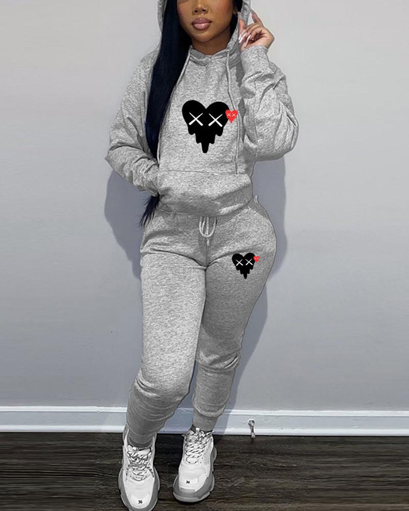 

Heart Print Long Sleeve Drawstring Hoodie & Pants Set, Gray