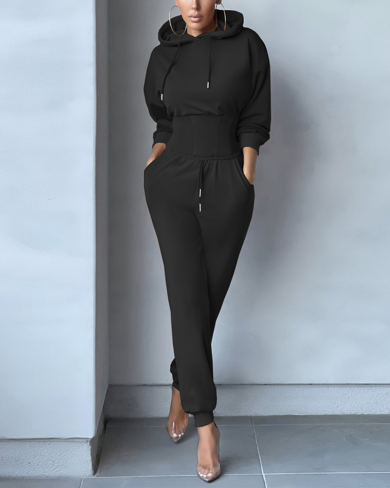 

Long Sleeve Corset Drawstring Hoodie & Pants Set, Black