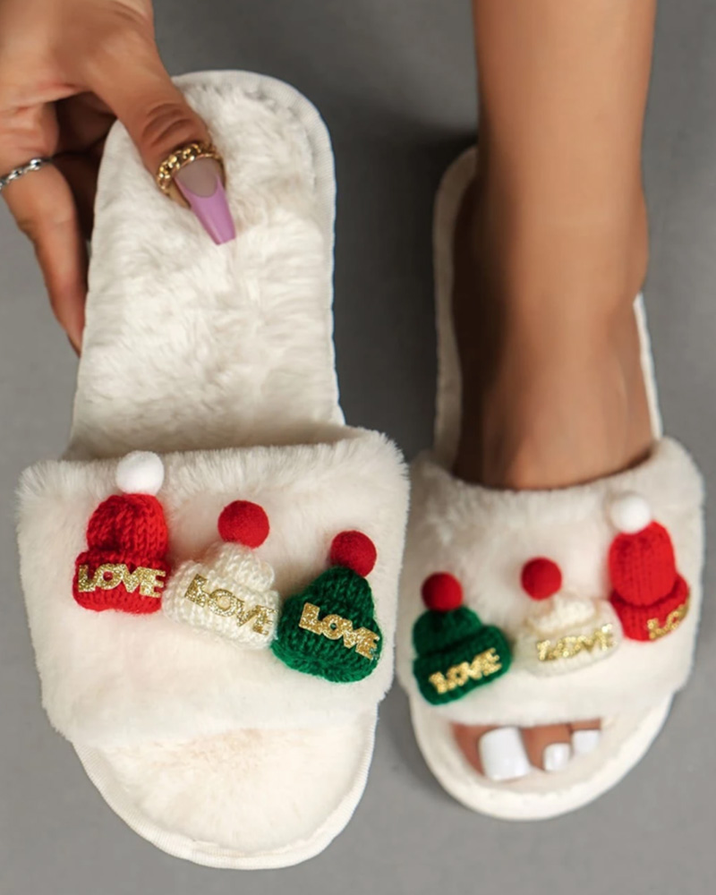 

Christmas Letter Hat Pattern Fluffy Slippers, Beige