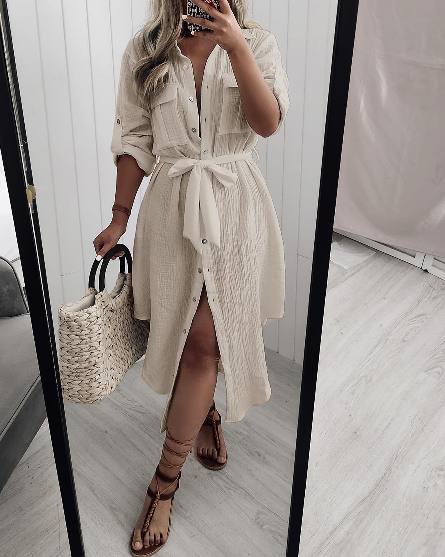 

Button Design Short Sleeve Shirt Dress, Apricot