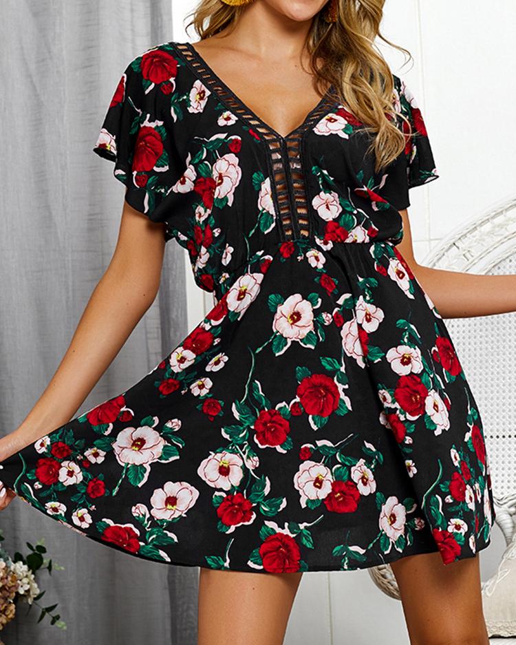 

Floral Print Hollow Out Insert Casual Women Dress, Black