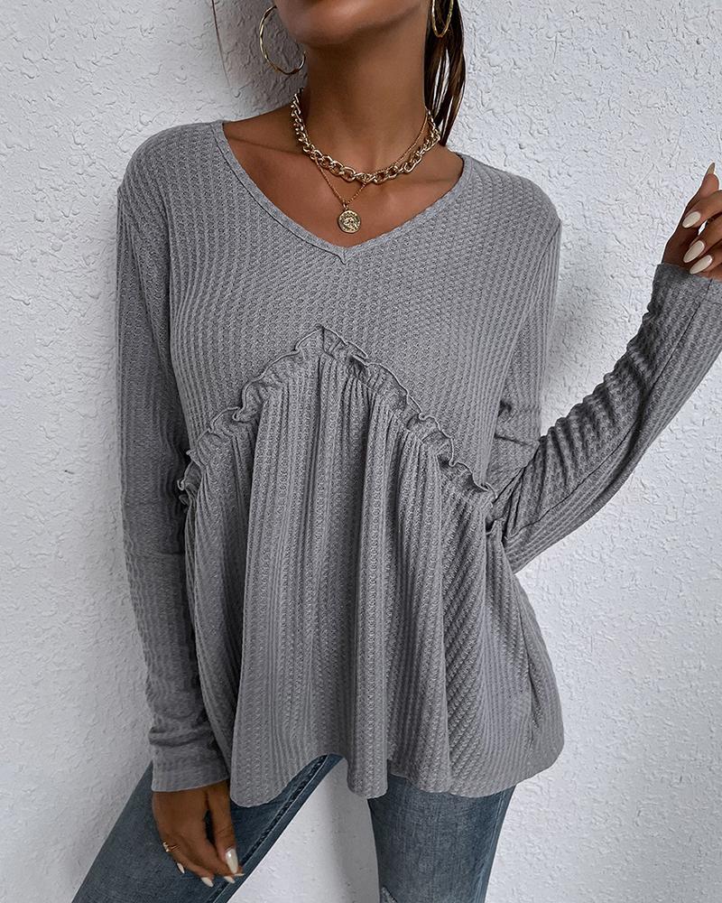 

Frill Hem Long Sleeve Ruched Casual Top, Gray