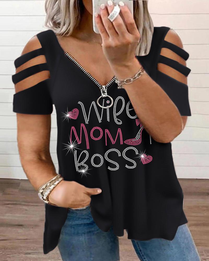 

Plus Size Mother's Day Rhinestone Wife Mom Boss Pattern T-Shirt, Black