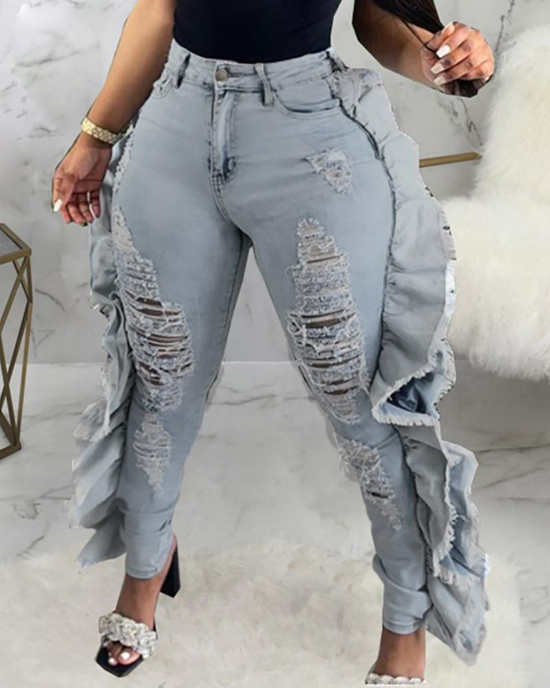 

Exaggerated Ruffles Ripped Cutout Jeans, Blue