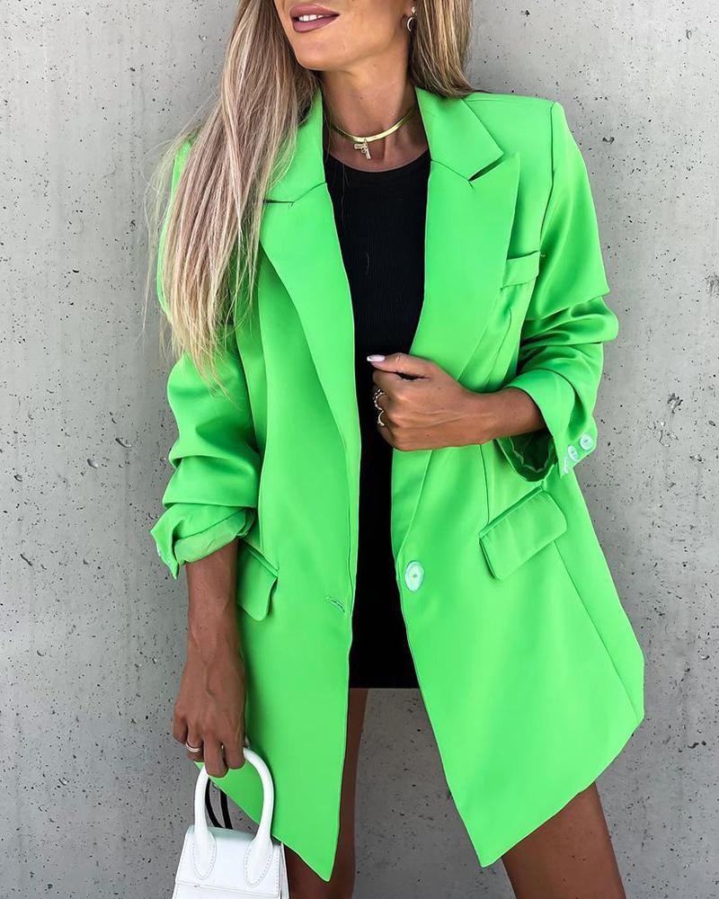 

Single Button Long Sleeve Pocket Design Blazer Coat, Green