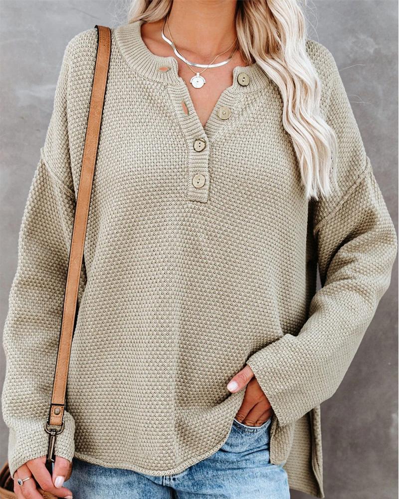 

Long Sleeve Button Front Split Hem Sweater, Khaki