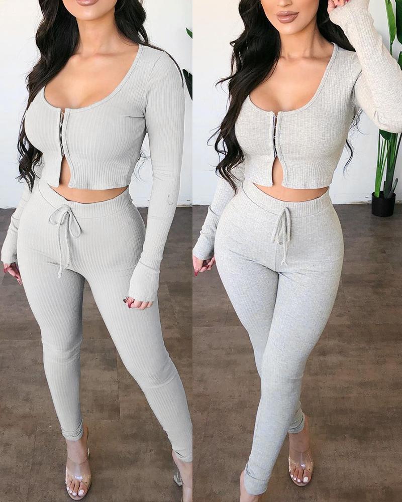 

Long Sleeve Hook Front Crop Top & Drawstring Pants Set, Gray