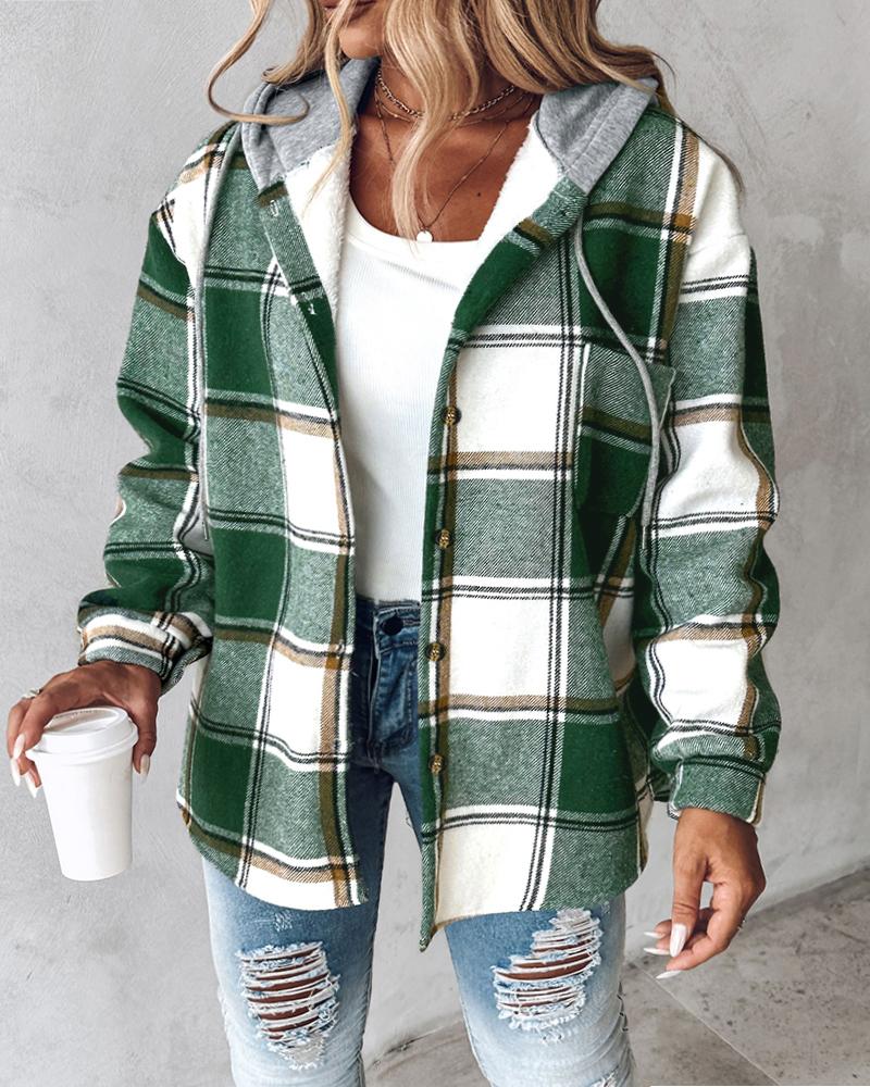 

Jaqueta com capuz plus size, estampa xadrez, botões frontais, forro térmico, cordão, design casual de bolso, ombro caído, Green