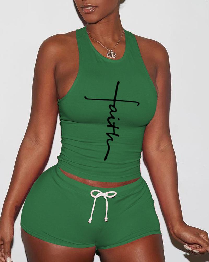 

Letter Print Tank Top & Drawstring Shorts Set, Green