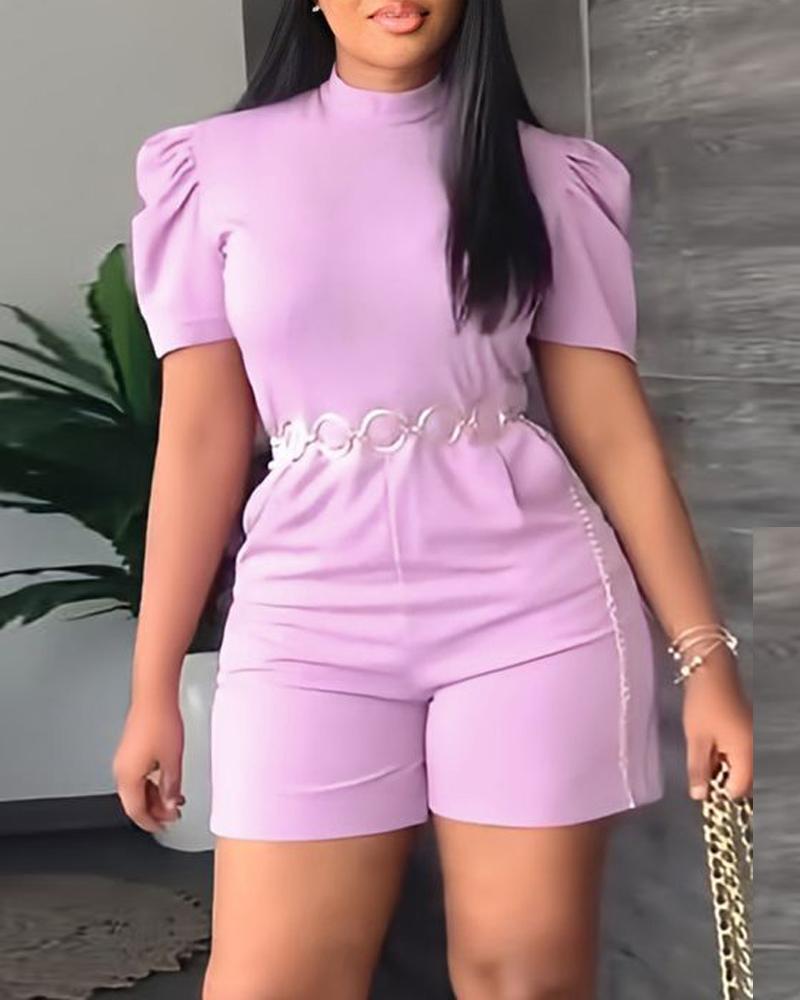 

Puff Sleeve Pocket Design Romper With Waist Chain, Light purple