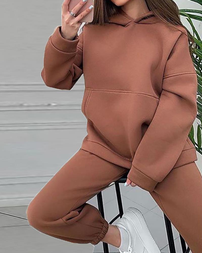 

Pocket Design Long Sleeve Hooded Top & Pants Set, Apricot