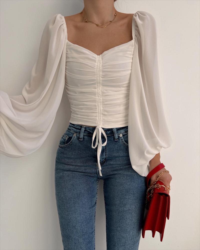 

Puff Lantern Sleeve Drawstring Ruched Chiffon Crop Top, White