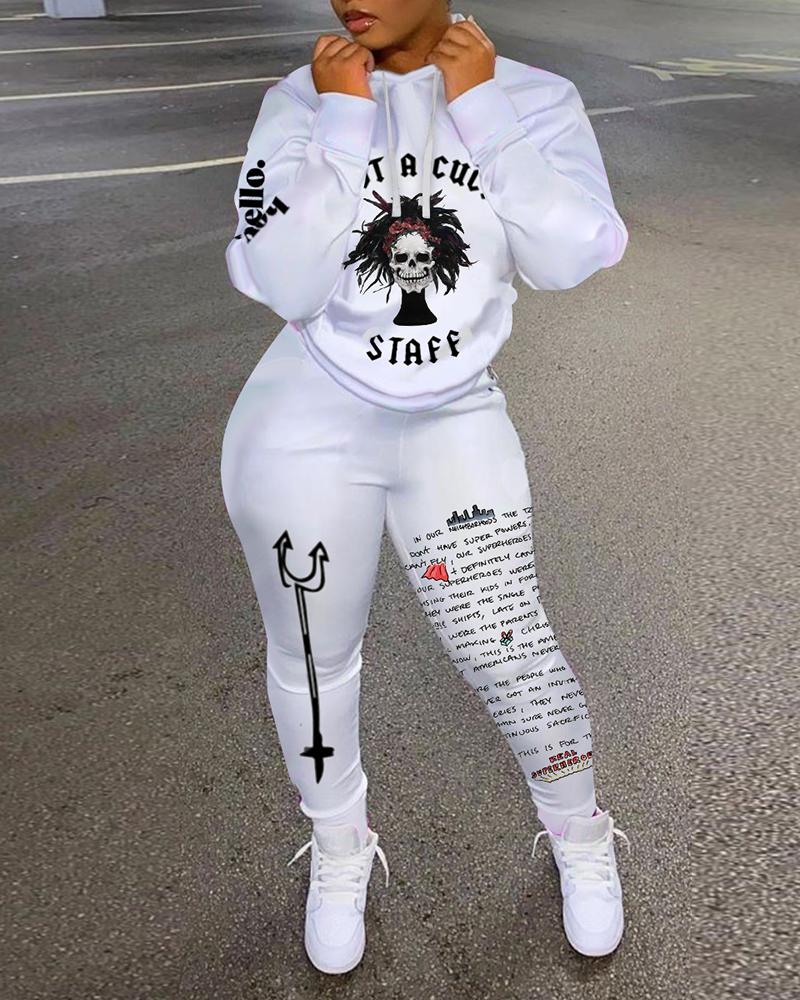 

Letter Skull Print Hooded Top & Pants Set, White