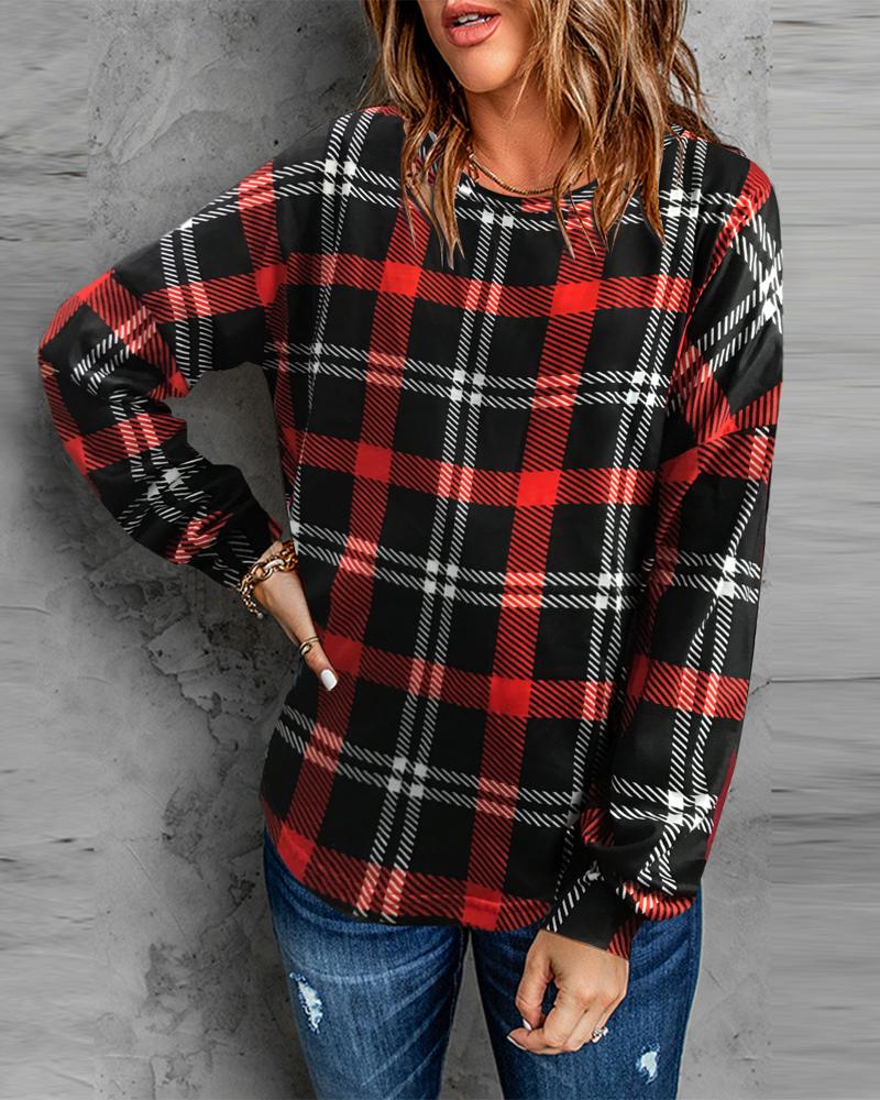 

Plaid Print Long Sleeve Casual Top, Red