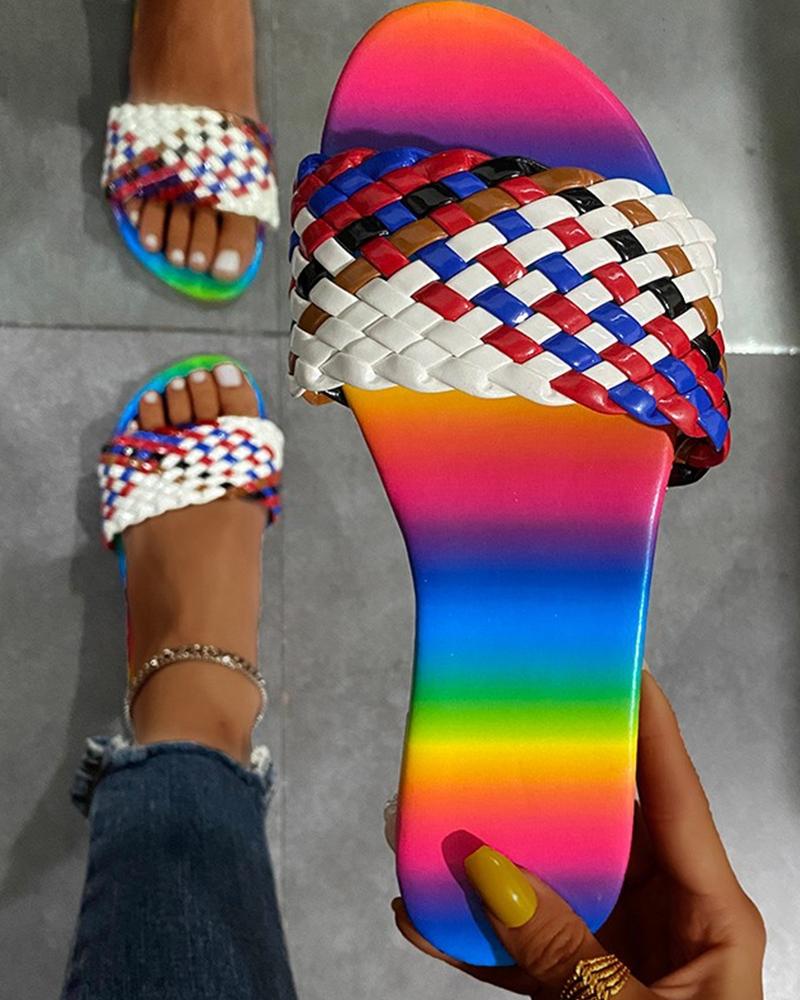 

Round-toe Multicolor Weave PU Leather Flat Slippers, Beige