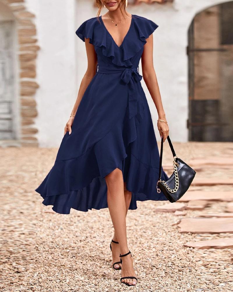 

Surplice Neck Ruffle Hem Belted Swing Dress, Purplish blue