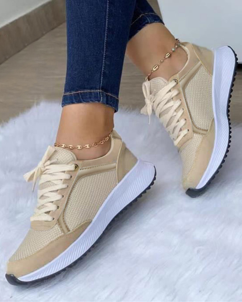 

Contrast Paneled Lace-up Breathable Sneakers, Apricot
