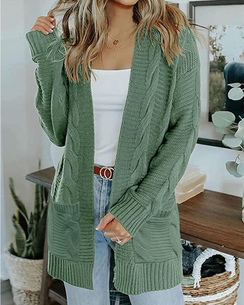 

Open Front Pocket Detail Cable Knit Cardigan, Green