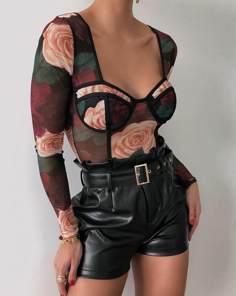 

Floral Print Long Sleeve Skinny Bodysuit, Multicolor