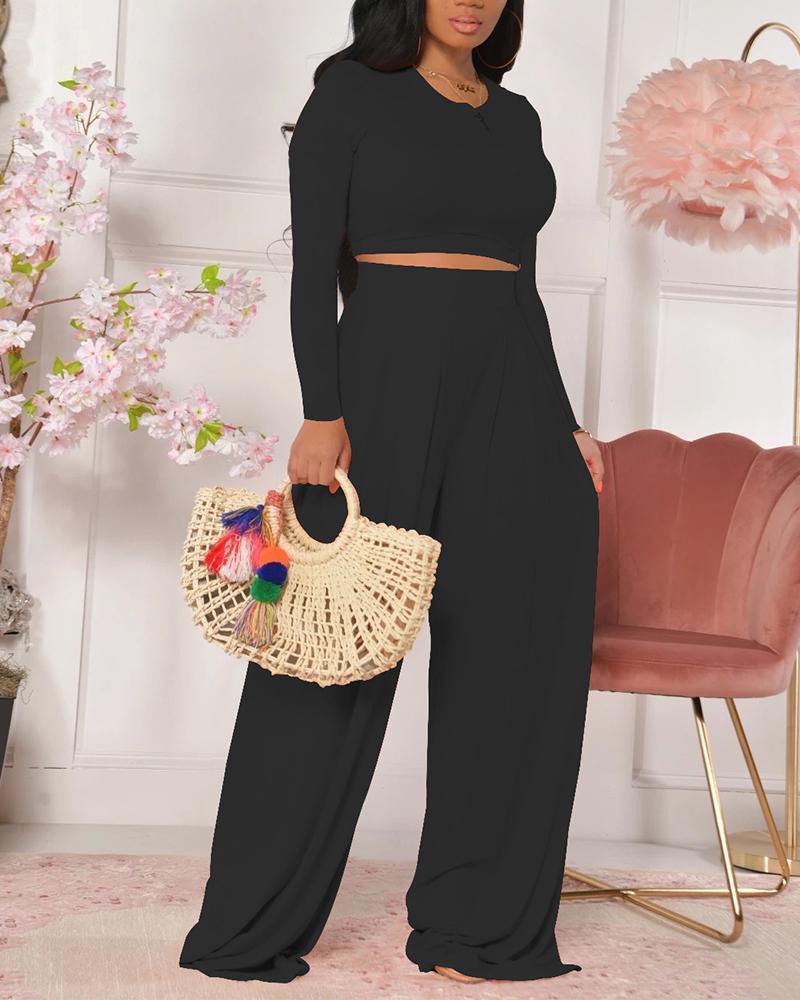 

Long Sleeve Crop Top & Wide Leg Pants Set, Black