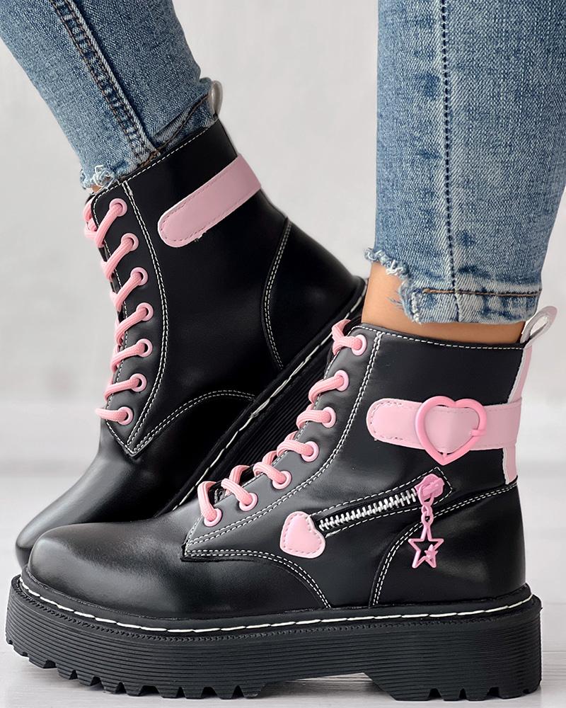 

Heart Buckled Zipper Design Lace-up Ankle Boots, Black