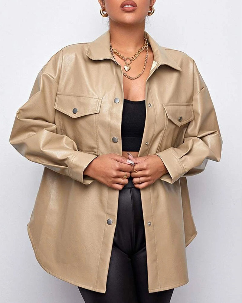 

Pocket Button Design Long Sleeve Biker Jacket, Khaki