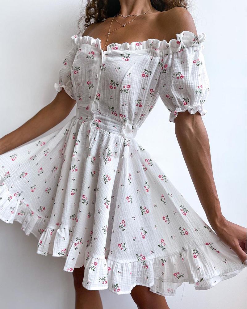 

Off Shoulder Frill Hem Ditsy Floral Print Dress, White