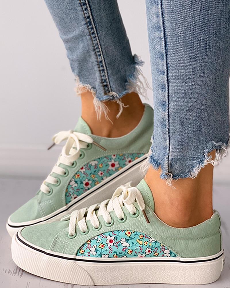 

Floral Print Colorblock Eyelet Lace-up Canvas Shoes, Green