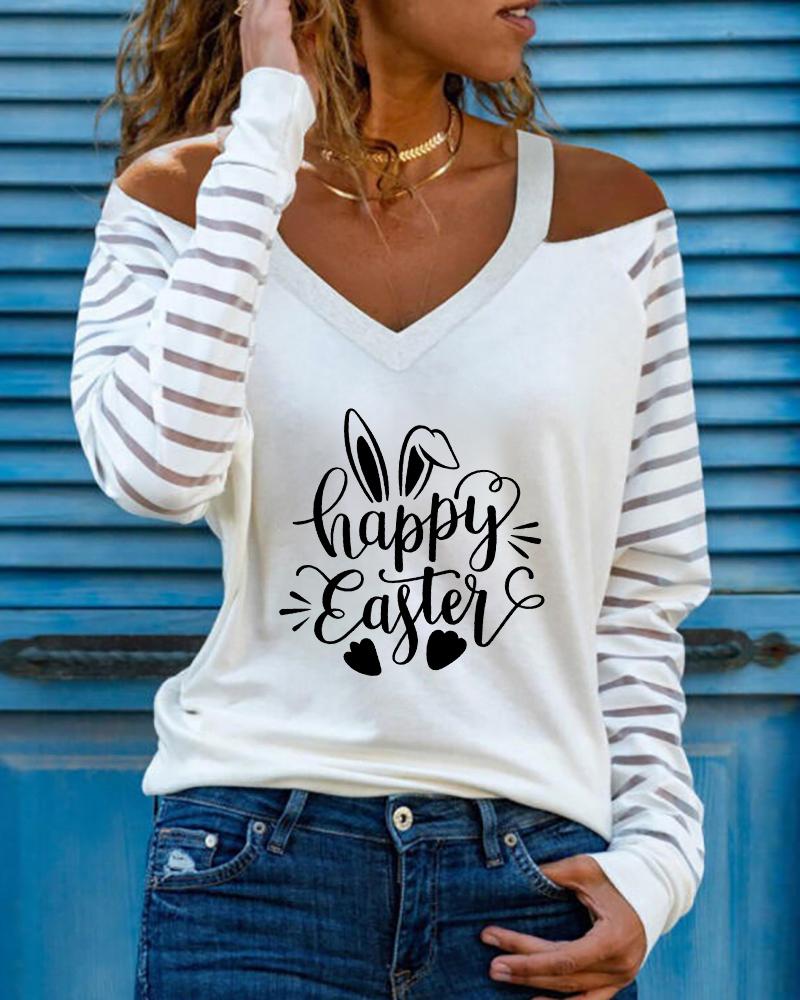 

Happy Easter Bunny Print Contrast Mesh Cold Shoulder Top, White