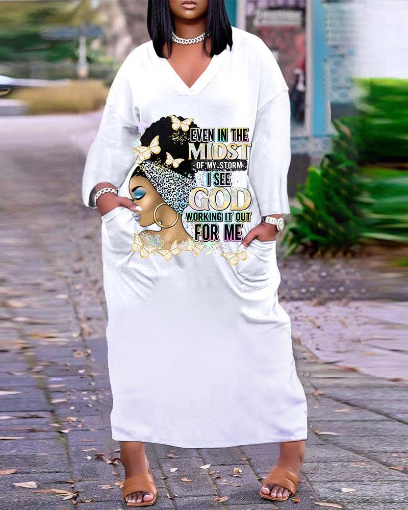 

Plus Size Figure Letter Print Pocket Design Maxi Dress, White