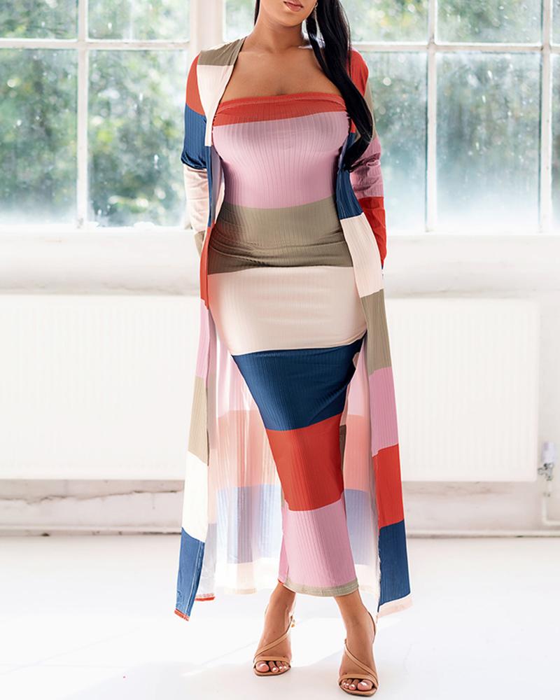 

Ribbed Striped Print Colorblock Dress With Longline Cardigan, Blue
