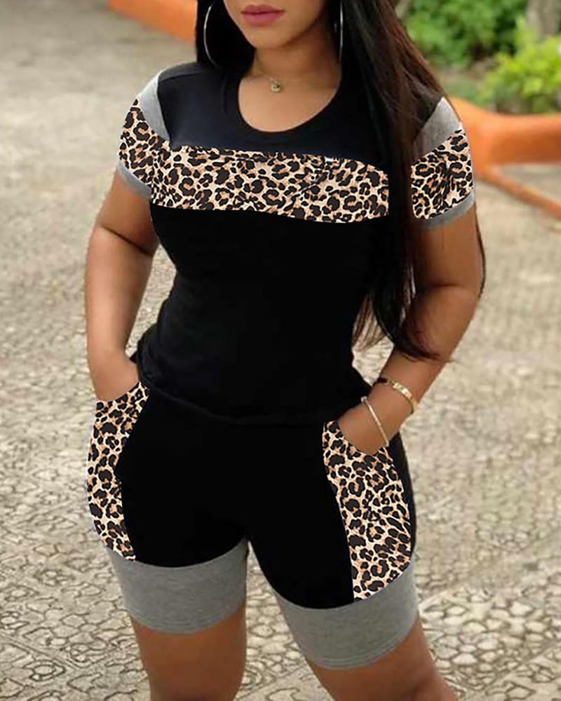 

Cheetah Print Colorblock Top & Pocket Design Shorts Set, Black